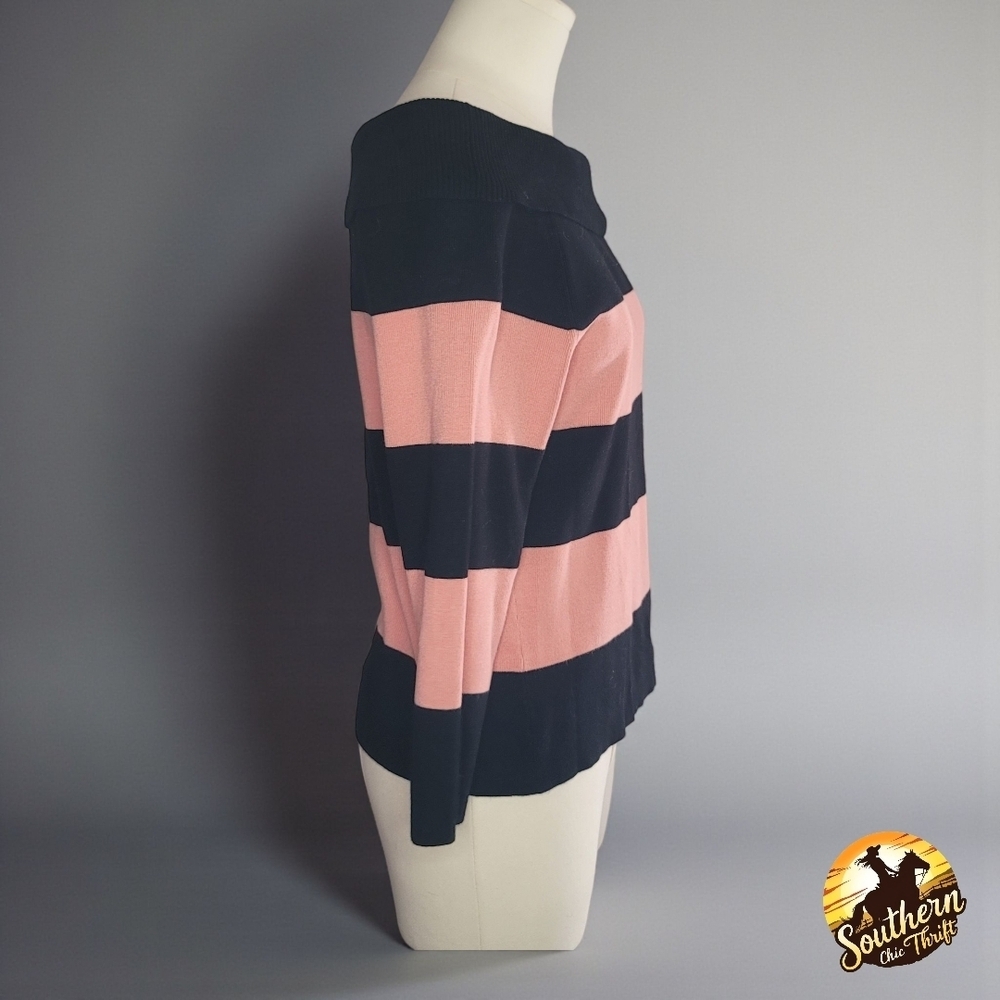 Harold's Off-Shoulder Sweater - Pink and Black Stripes - Picture 3 of 5